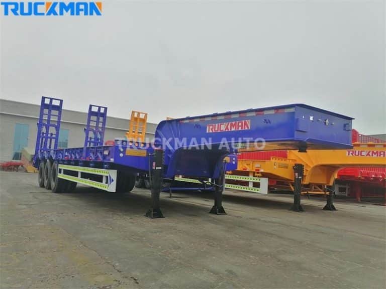Fleet of TRUCKMAN low bed semi-trailers, showcasing various customization features available for different industrial applications