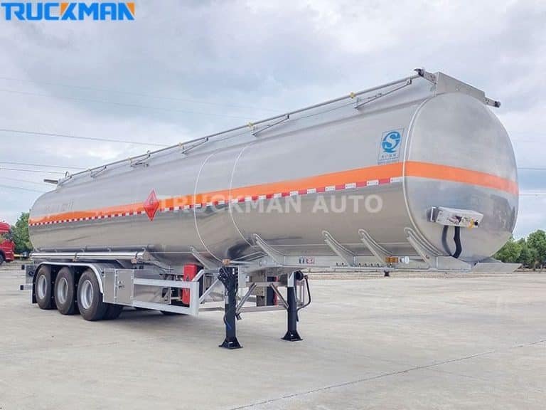 Silver aluminum fuel tanker trailer by TRUCKMAN AUTO with advanced safety systems