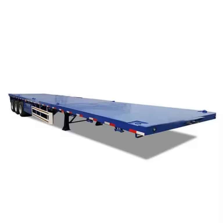 Standard size blue flatbed semi-trailer container for versatile freight options, demonstrating typical dimensions.